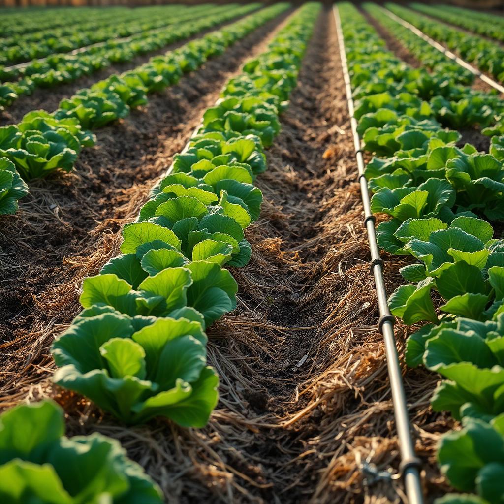Drip irrigation under straw mulch between rows of lettuce