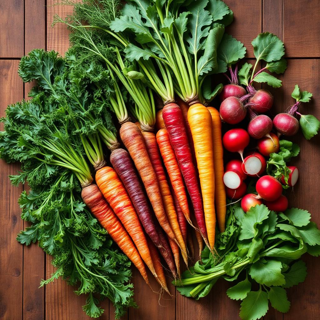 Freshly harvested rainbow carrots, beets, and radishes on a wooden table