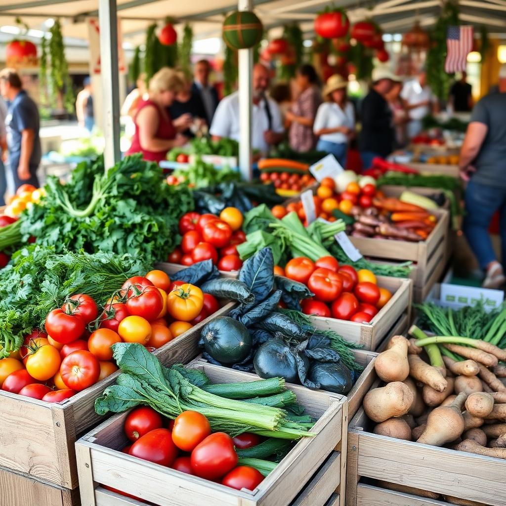 Bustling farmers market stall with heirloom tomatoes and greens